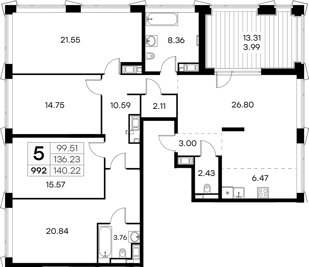 2-комнатная квартира 60.84 м², 19/19 эт., ЖК «GloraX Aura Vasileostrovsky»